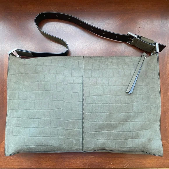 All Saints Edbury Croc Embossed Leather Suede Dusky Khaki Green